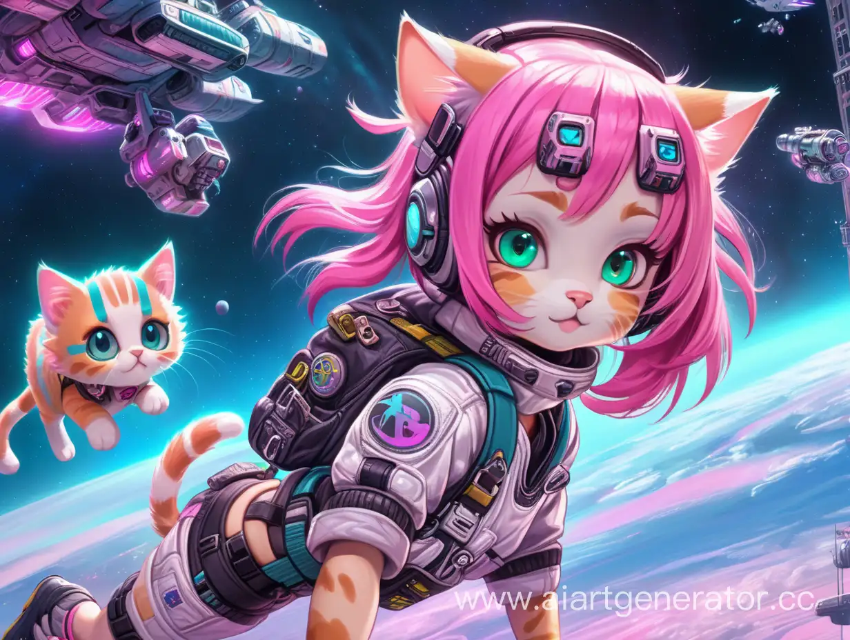 милые котики летят в космос с кошкодевочкой с розовыми волосами киберпанк неон