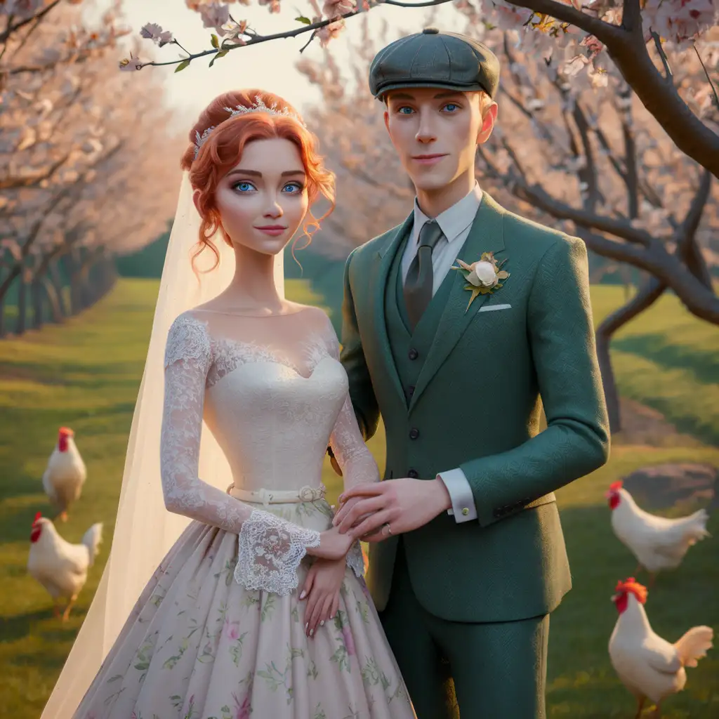 a bridal couple, she slender, copper-red hair, blue eyes, 30 years old, beautiful wedding dress with lace sleeves, he slender, blond, green suit, bow tie, flat cap, they stand in an orchard in blossom with chickens nearby