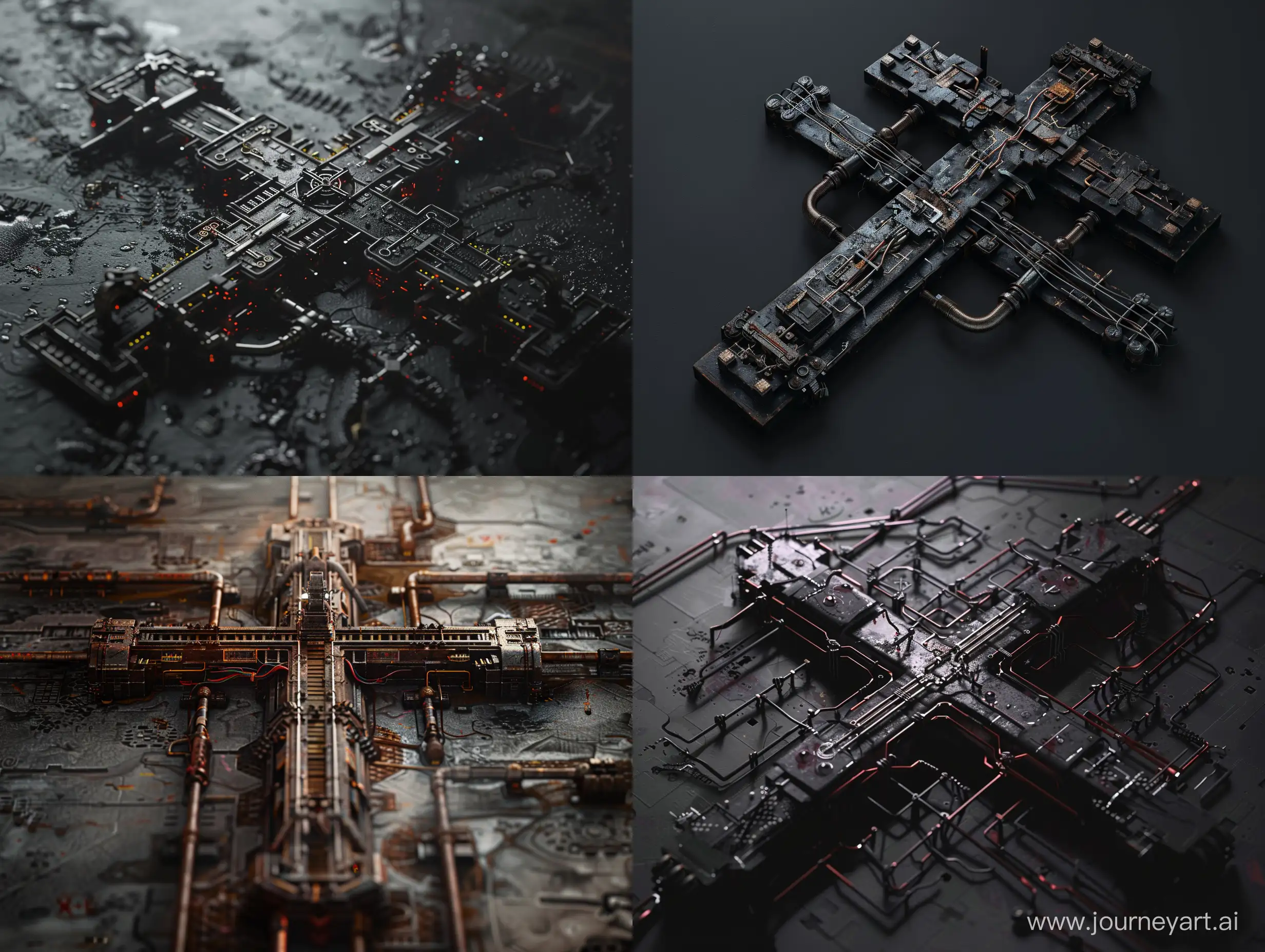concepts of thin long cyberpunk church cross. made of metal parts, thin iron pipes and wires. Noir. A map of sprites. minimalism. post-apocalypse, brutalism. 8k. photorealism, unreal engine