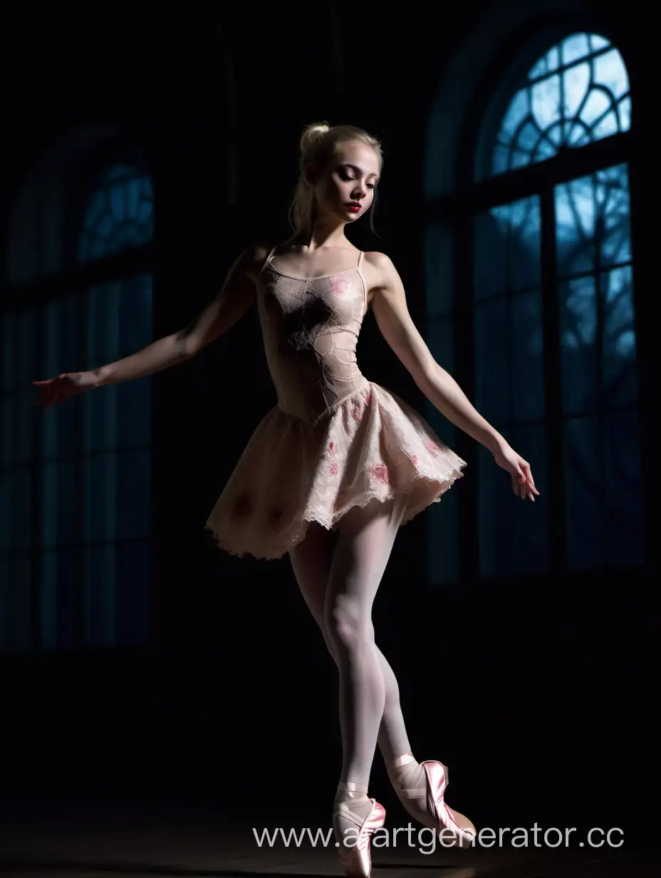 Maquillaje delicado, sexy belleza rusa rubia con coleta, ojos claros, cuerpo delgado y pechos medianos, con un hermoso vestido de encaje gris de falda corta y diseños de rosas, bailando ballet, en soledad en la oscuridad de la noche, con la luz de la luna entrando por una gran ventanal de la oscuro salón, iluminó su figura y su rostro angelical., ella se encuentra en el centro del gran salón y las zapatillas de ballet son blancas y con vista de sus hermosas piernas.