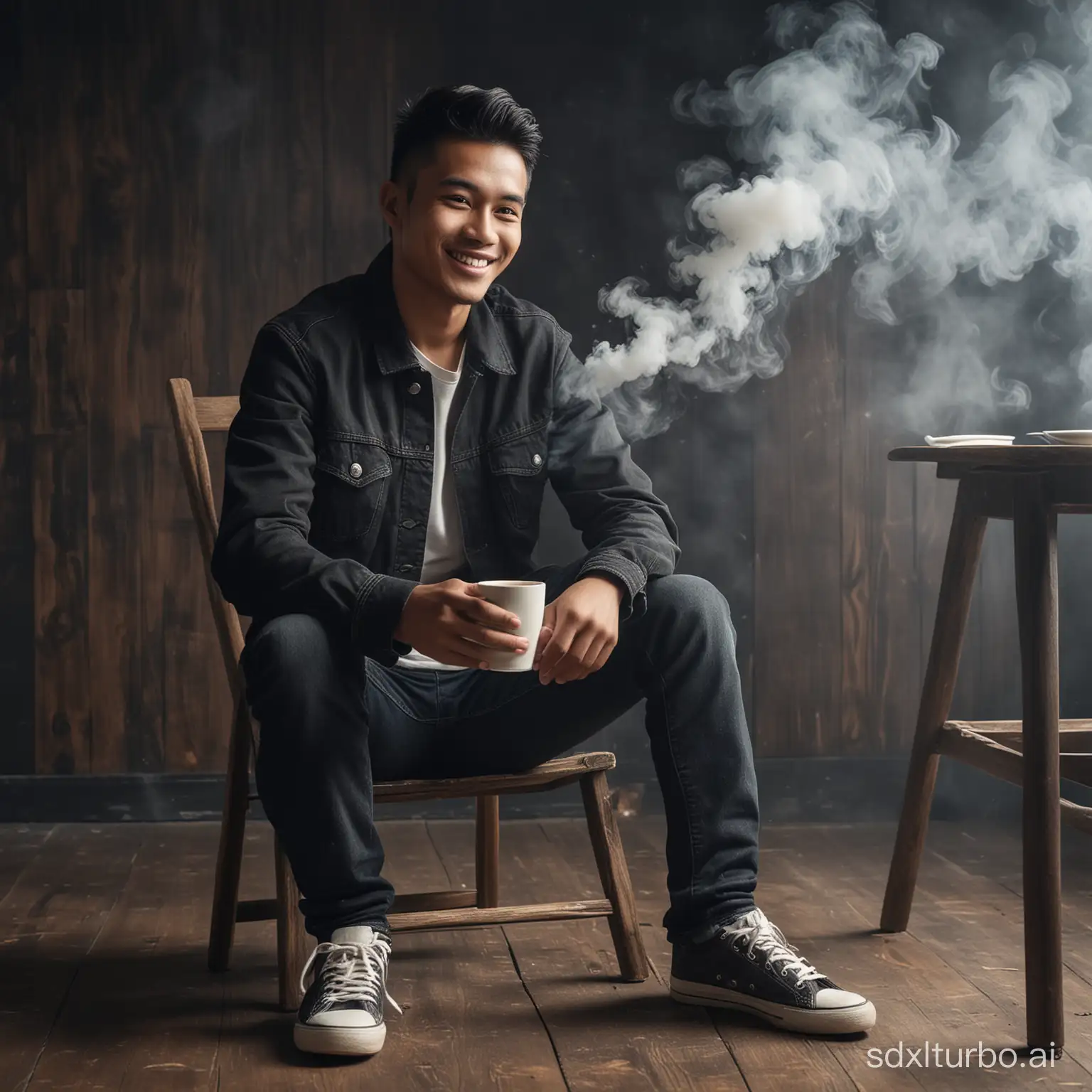 Realist a young man, Indonesian face, wearing a black jacket, wearing jeans, wearing sneakers, sitting on a wooden chair, smiling, while carrying a cup of warm coffee, smoke effect, black rustic photography background, UHD, Hasselblad X1D II  50c Camera, iso 200