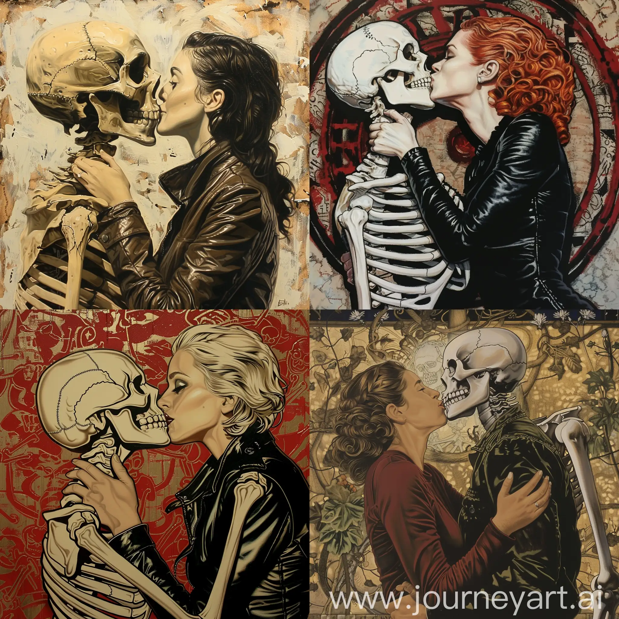 White woman kissing skeleton , style by Dave McKean, background matching, oil painting, airbrush, comic art