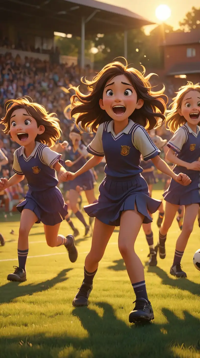 Create a 3D illustrator of an animated scene where in a school football ground, a group of little girls, laughing, hurling insults and taunts. The setting sun casts long shadows. Beautiful, spirited and colourful background illustrations.