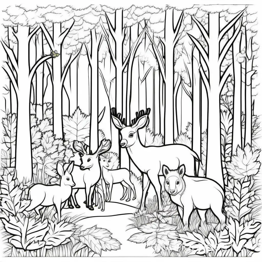 forest with animals, Coloring Page, black and white, line art, white background, Simplicity, Ample White Space. The background of the coloring page is plain white to make it easy for young children to color within the lines. The outlines of all the subjects are easy to distinguish, making it simple for kids to color without too much difficulty