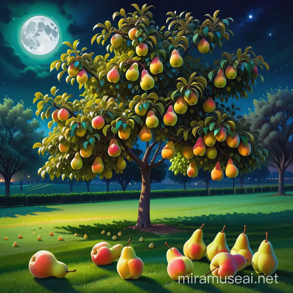 Moonlight night. A fruit-laden tree, specifically an pear and tree, with ripe fruits of different sizes and colors. Some of the pear and have fallen to the ground, creating a colorful and inviting contrast with the green grass.