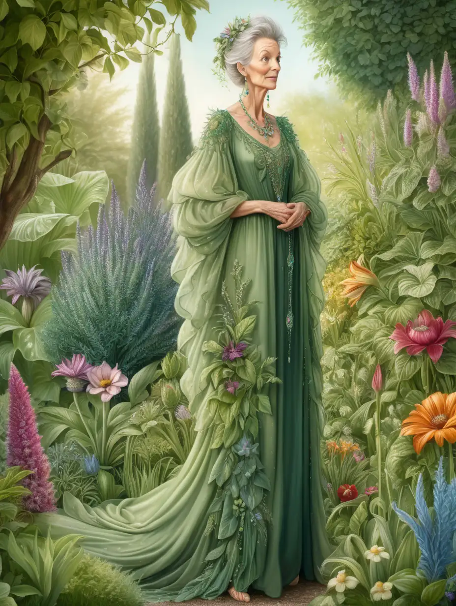 Slender attractive older woman standing in her lush green garden in a long layered dress looking regal , a lot of detailed embellishments , include some fairy like whimsical plants , some very colorful
