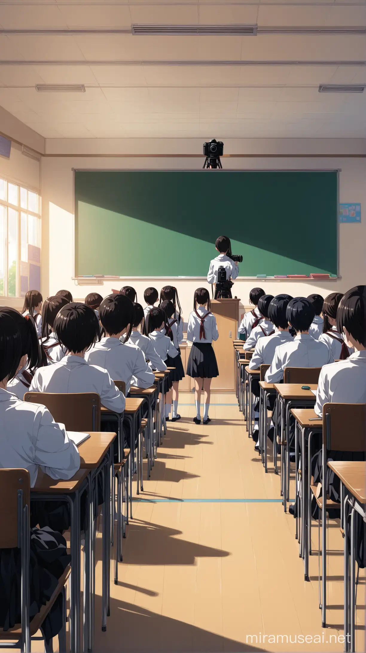 Classroom scene with many students, anime style, camera at ground level and at the front of the class, straight shot facing the front of the room 