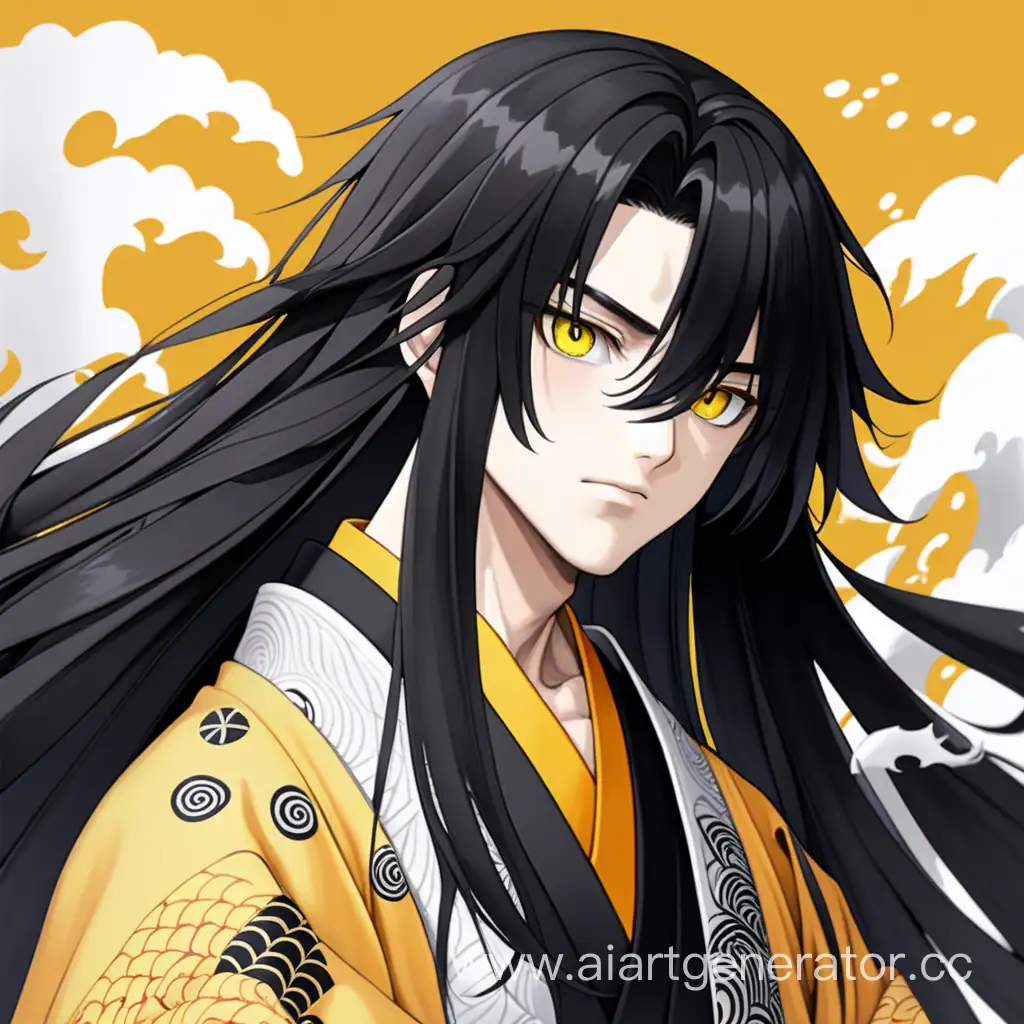 Black-haired guy, long hair, yellow bright eyes, black haori with wave pattern