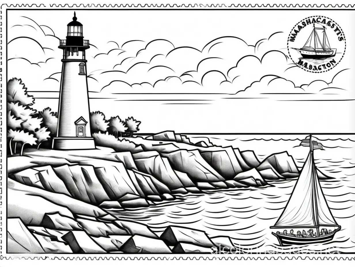 vintage old looking Massachusetts vacation post card with a stamp and showing the city of boston and a lighthouse, Coloring Page, black and white, line art, white background, Simplicity, Ample White Space. The background of the coloring page is plain white to make it easy for young children to color within the lines. The outlines of all the subjects are easy to distinguish, making it simple for kids to color without too much difficulty