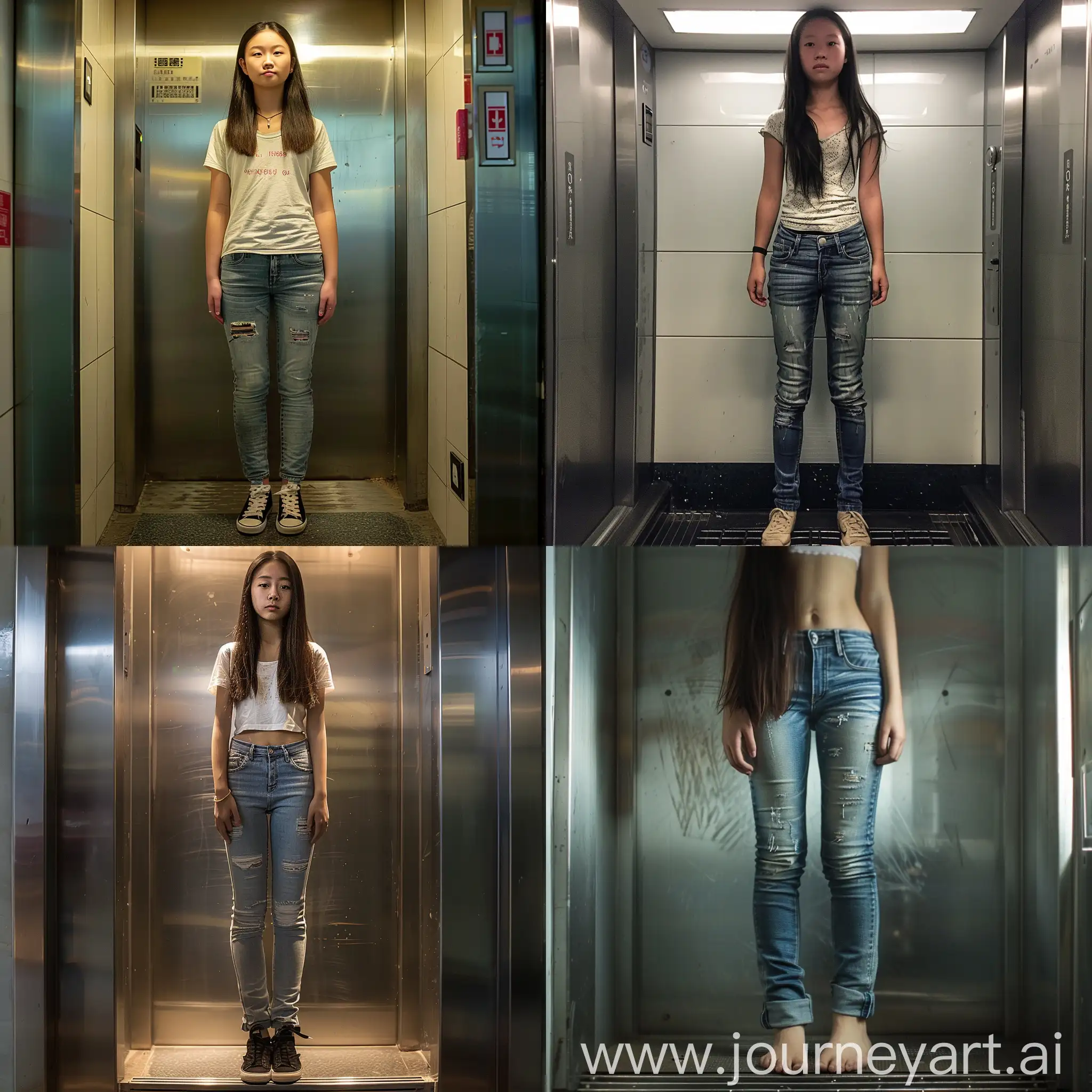 A 15-year-old Chinese girl in skinny jeans, standing in an elevator