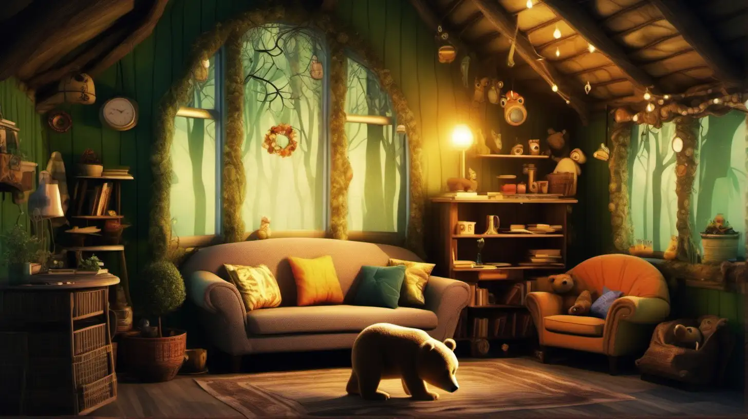 the interior living room of a small cozy in a magical beautiful  enchanted forest , similar to Goldilocks and the Three Bears