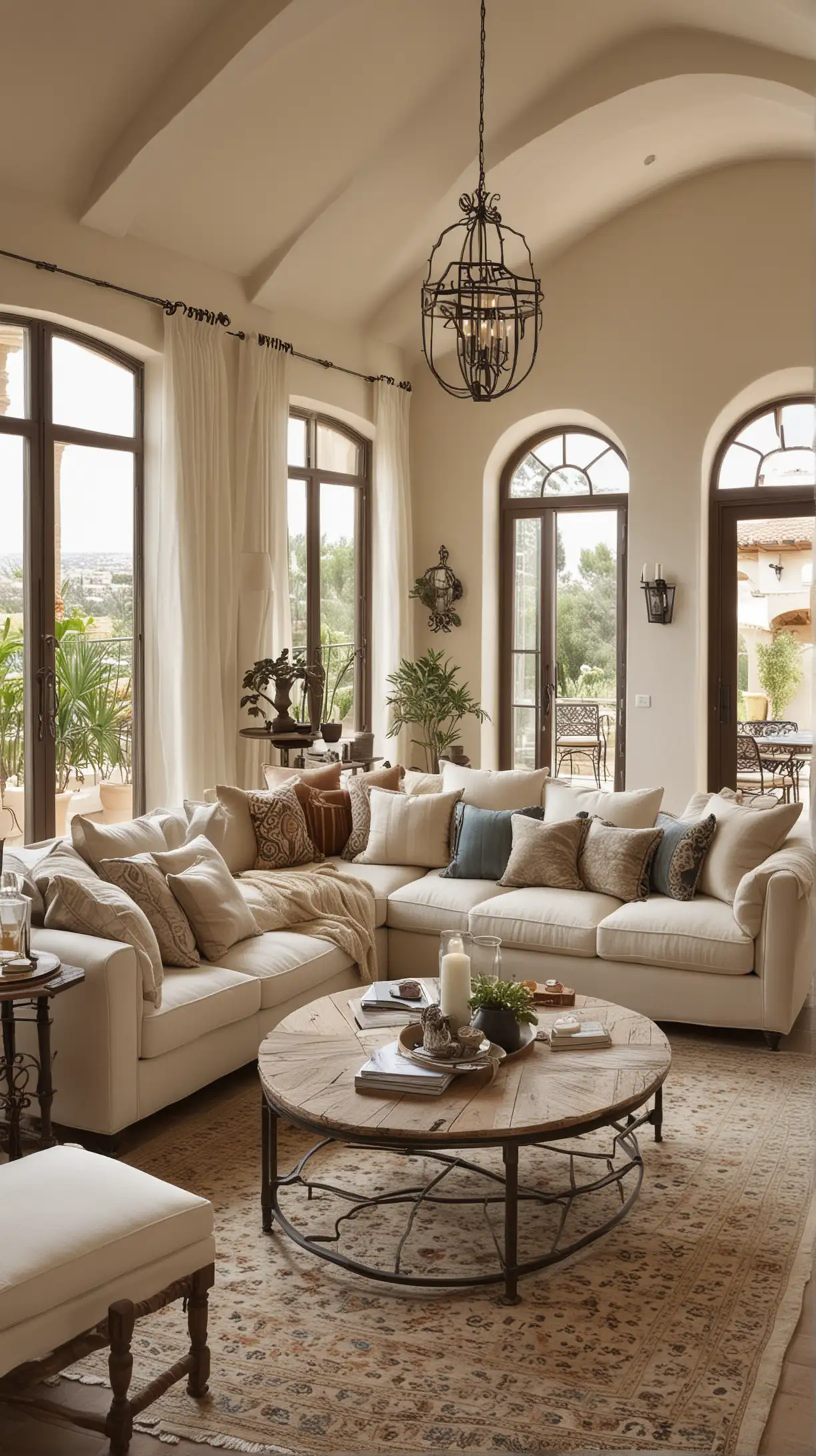 Mediterranean Living Room with Layered Pillows on Couches