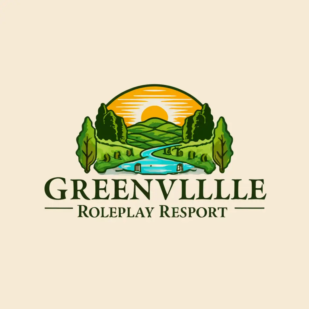 a logo design,with the text "Greenville Roleplay Resort", main symbol:The logo features a lush, green landscape with rolling hills and a serene lake, evoking the ambiance of a tranquil resort nestled in the heart of Greenville. Tall trees frame the scene, casting dappled shadows on the ground. In the foreground, the words 'Greenville Roleplay Resort' are elegantly written in a playful yet sophisticated font, with each word stacked on top of the other. The letters are adorned with subtle touches of color reminiscent of a vibrant sunset, adding warmth and charm to the design. Overall, the logo conveys a sense of relaxation, adventure, and community, inviting players to escape into a world of immersive roleplaying experiences at the Greenville Roleplay Resort.,Moderate,clear background
