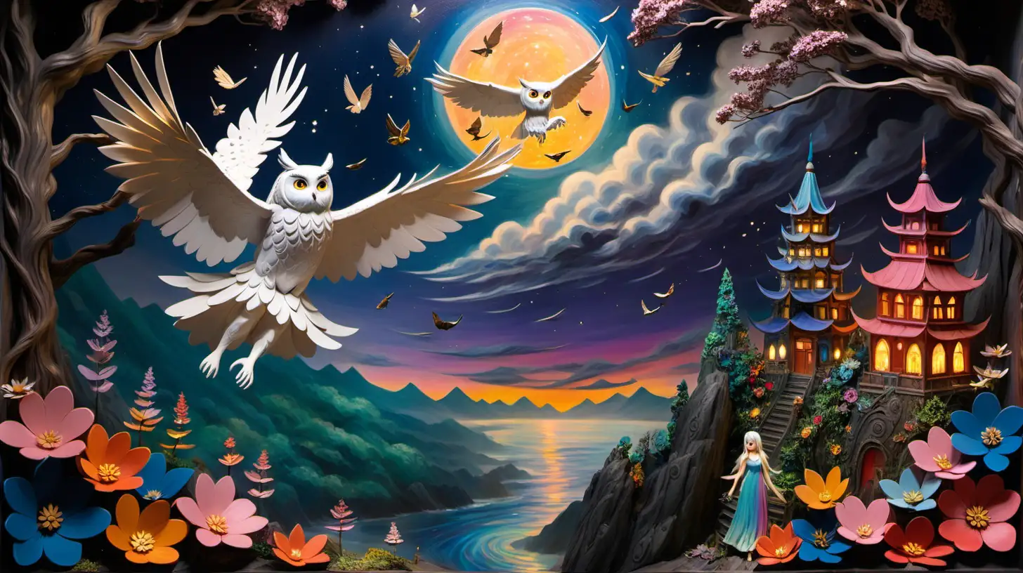 DIORAMA, ghibli inspired painting of beautiful enchanting slender, white-haired, wavy, 18 YEAR OLD girl who shape-shifts into an owl, owl princess, playing with a big colorful owl in an enchanted forest skyline, flowers, fireflies and moonlight, sea of clouds, mountain, temple, colorful, cliff