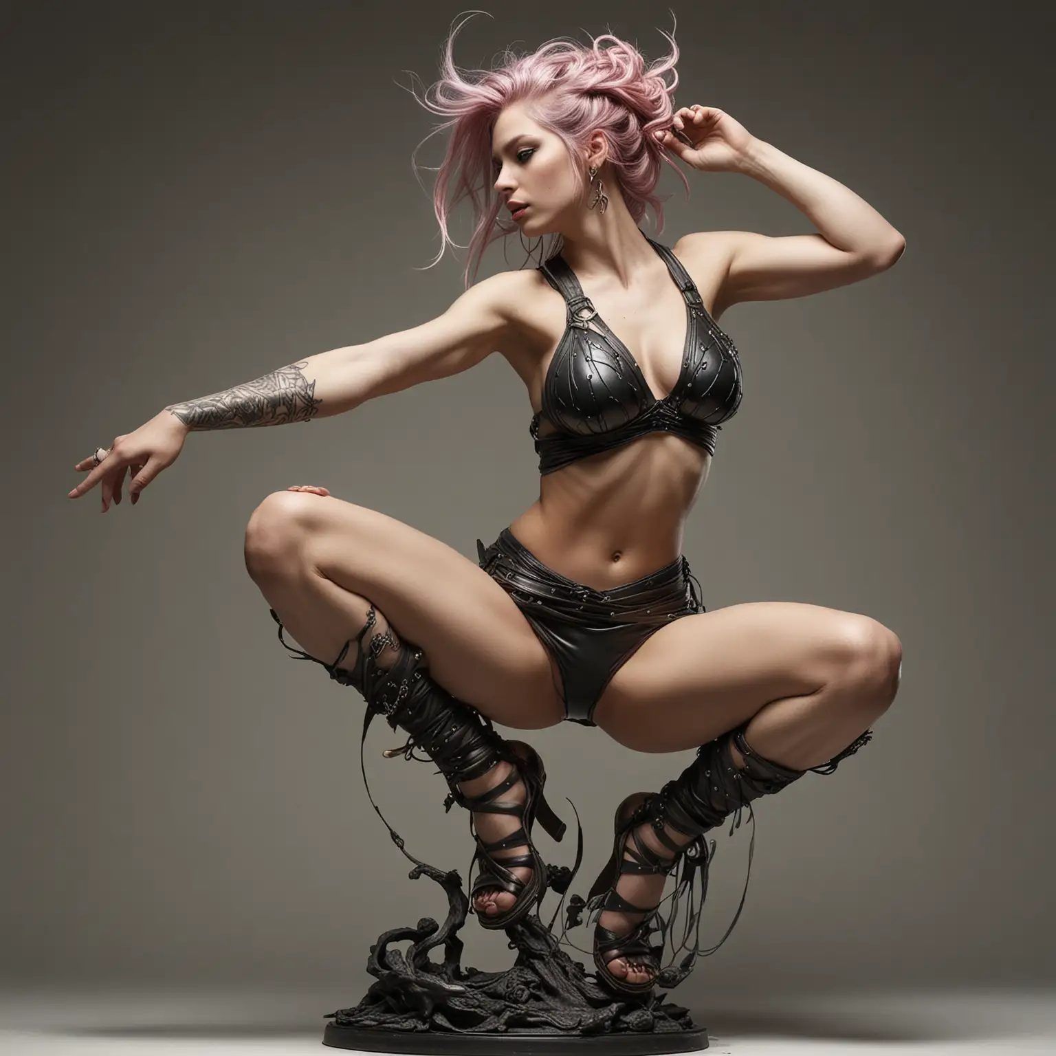 an artistic image shows a Fairypunk in a challenging pose. The Fairypunk's body is curled and twisted in a very soft and tortuous way, highlighting the beauty of the human body and the limits of movement. The overall style is both sculptural and expressive of the ability to capture dynamic forms. This is a popular style of modern portrait and body artwork that emphasizes line, shape, and contrasts of light and shadow by Seven Samurai art
