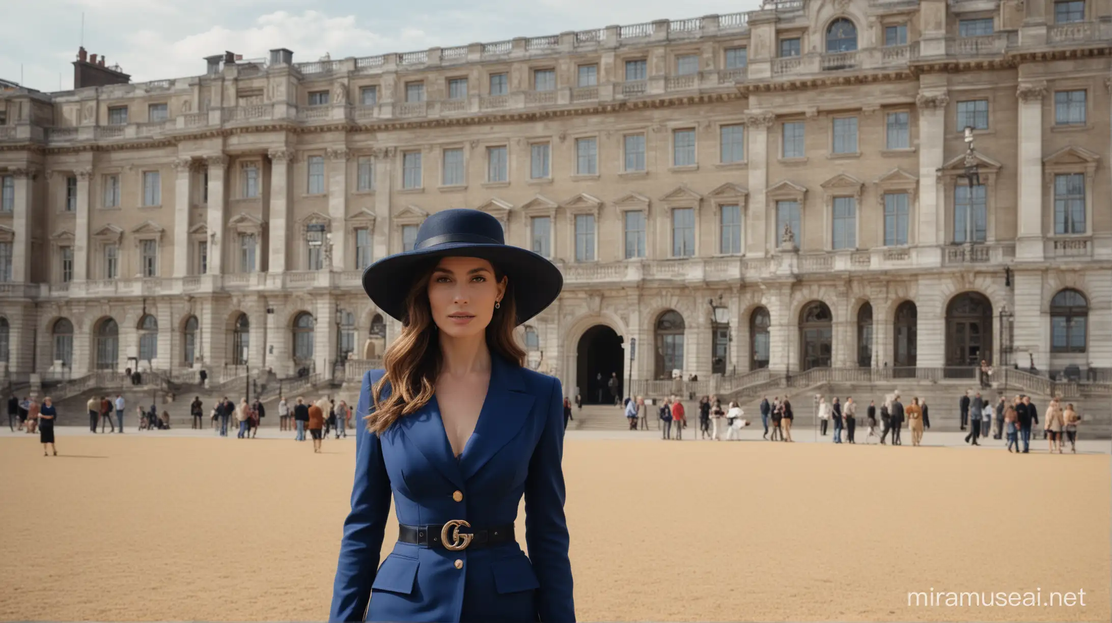 35 years old mature woman. She wears blue push-up and black wide wavy hat from Gucci. She is locating at London where she is standing behind the Buckhinam Palace.