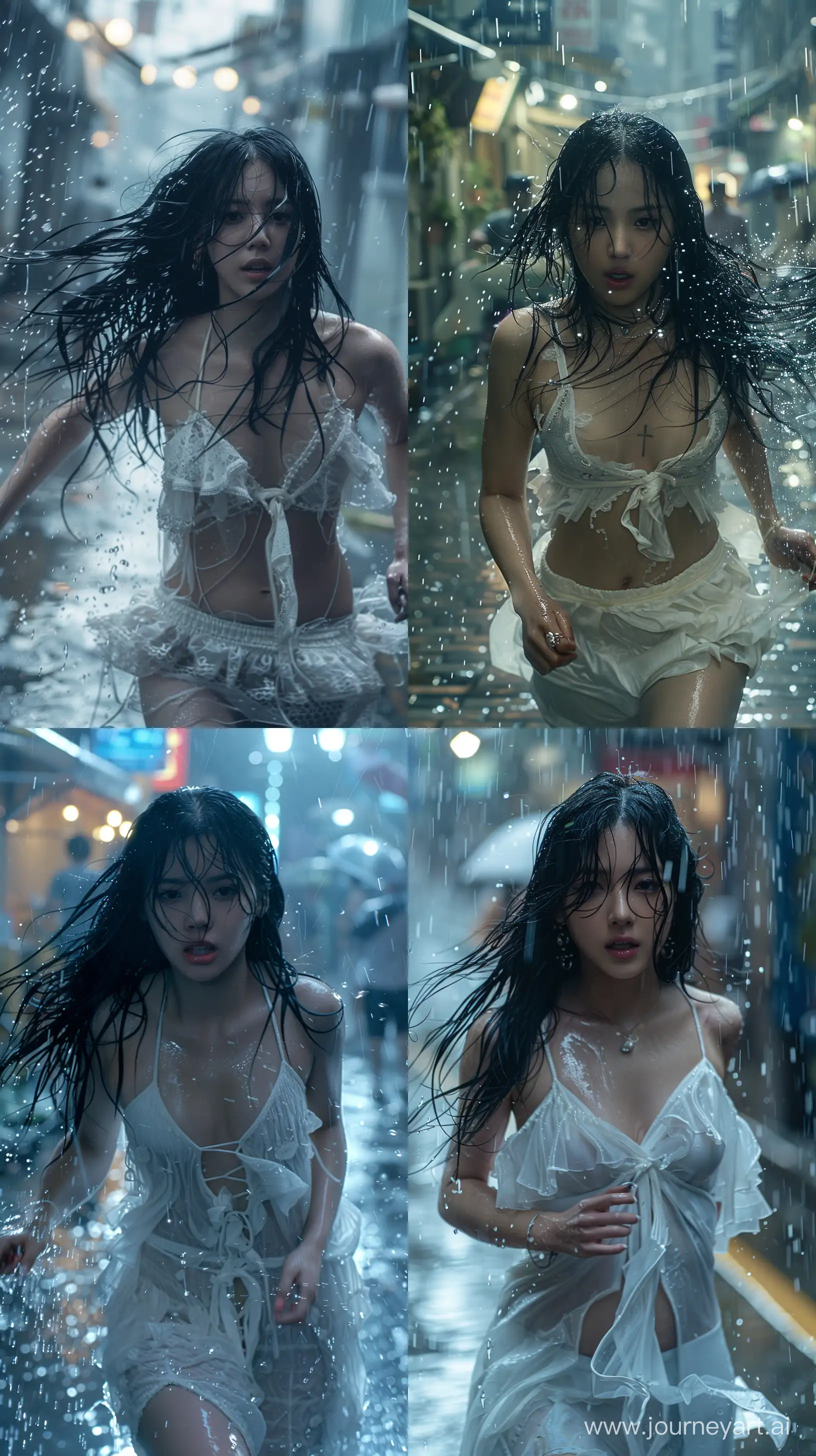 a blackpink's jennie with black hair and white dress running in a street under the rain and her hair and dress are wet --ar 9:16 --stylize 350