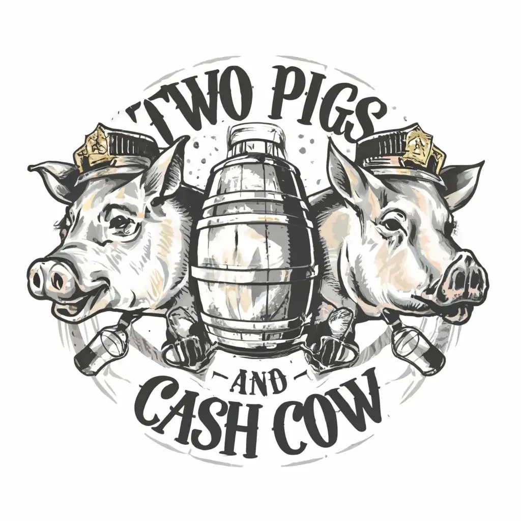 logo, cow Beer Keg police Pigs, with the text "Two Pigs and a Cash Cow", typography
