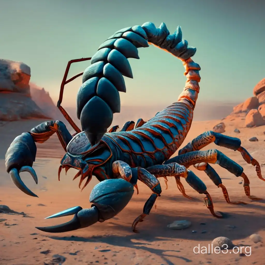 Martian scorpion, adapted to the harsh and unforgiving environment, exoskeleton adorned with intricate patterns and textures, sharp claws and stinger poised for attack, a sense of alien beauty and danger, set against the backdrop of a desolate and rocky Martian landscape