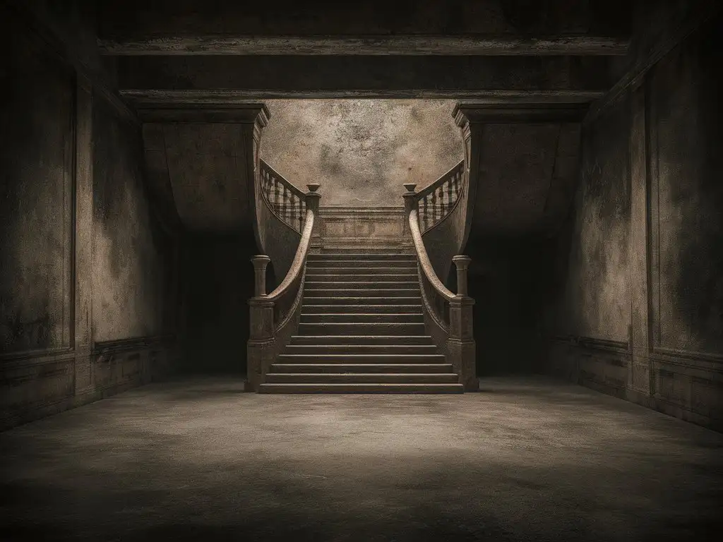 古朴的大厅，隐约看出来有楼梯，比较压抑，没有人气，没有生机，