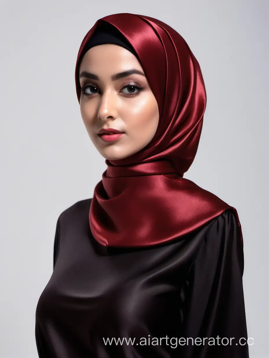 Stylish-Woman-in-Dark-Red-Satin-Hijab-and-Black-Satin-Shirt