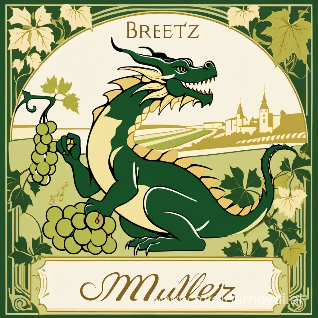 BRETZ White Wine Label with Art Deco Style Little Dragon and Vineyards Background