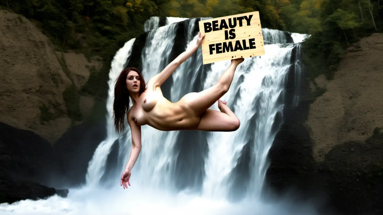 Half Nude falling over waterfall holding sign: “Beauty Is Female”