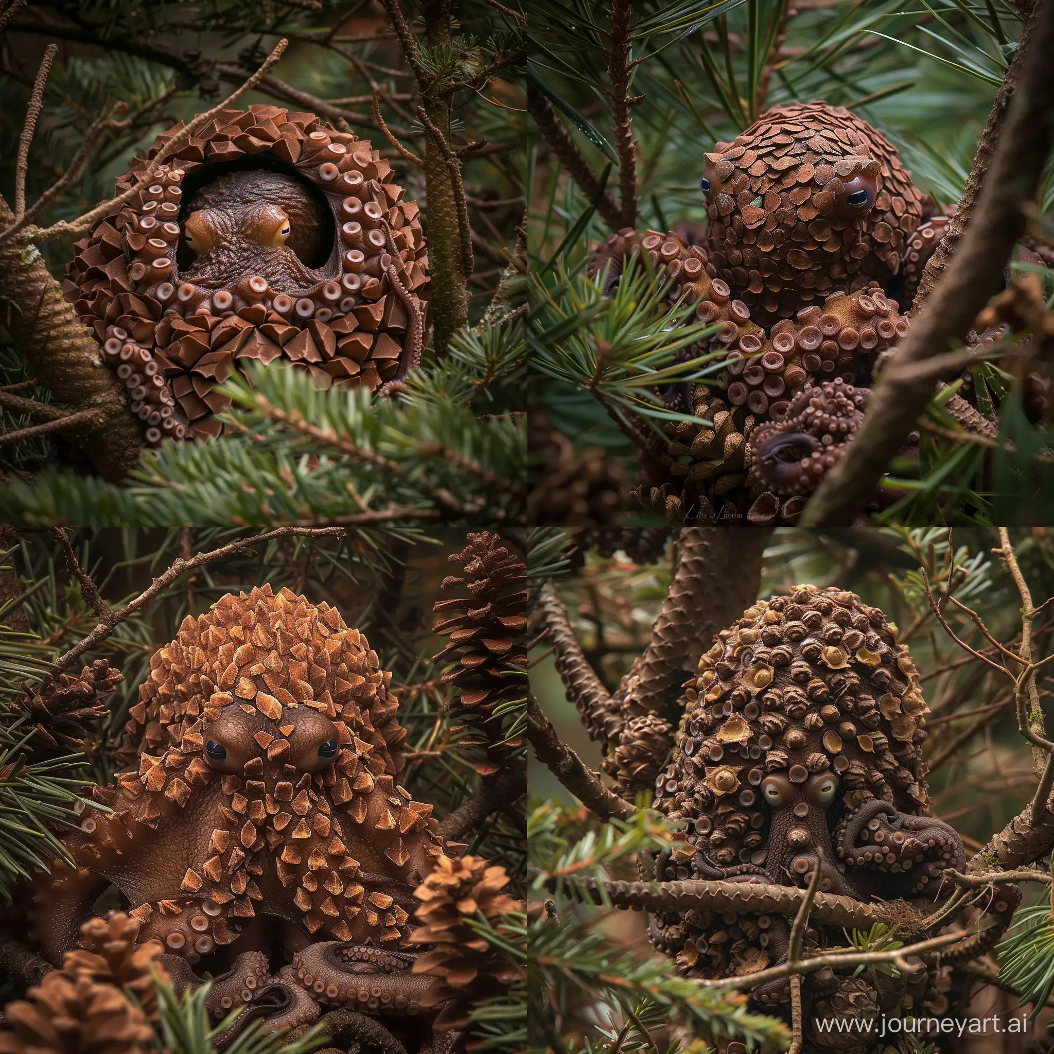 detailed crisp sharp award winning wildlife photo of a medium sized mottled brown octopus covered completely in pinecone scales similar to an armadillo, hiding in a pine tree, it looks exactly like a pinecone but only the eyes are visible, suckers are not visible, dense foliage with pinecones, temperate pine rainforest, bright daylight, telephoto lens, canon camera, wide shot with branches and context, good composition, Frans Lanting