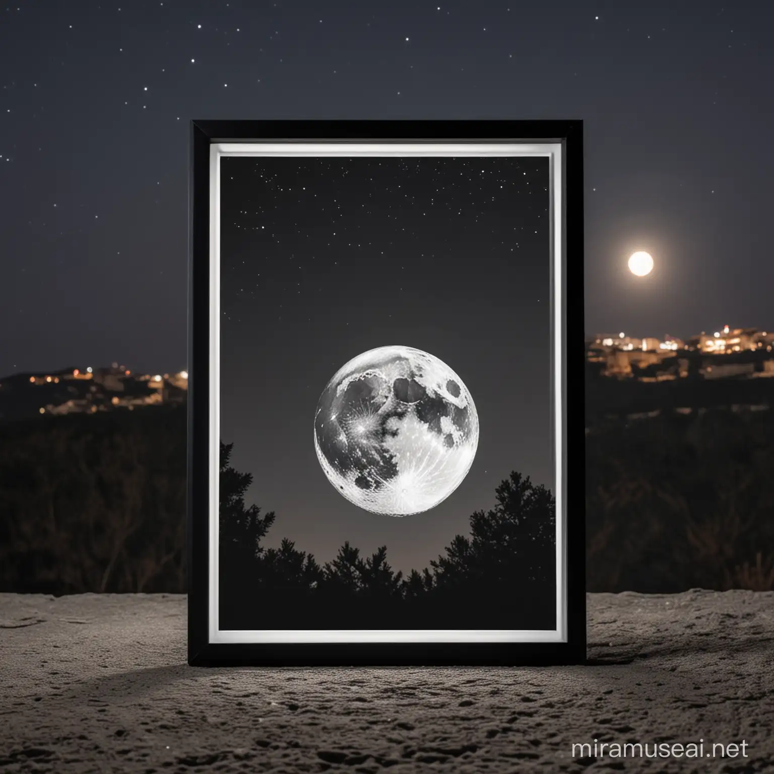 A4 black frame mockup outside during the night with a full moon