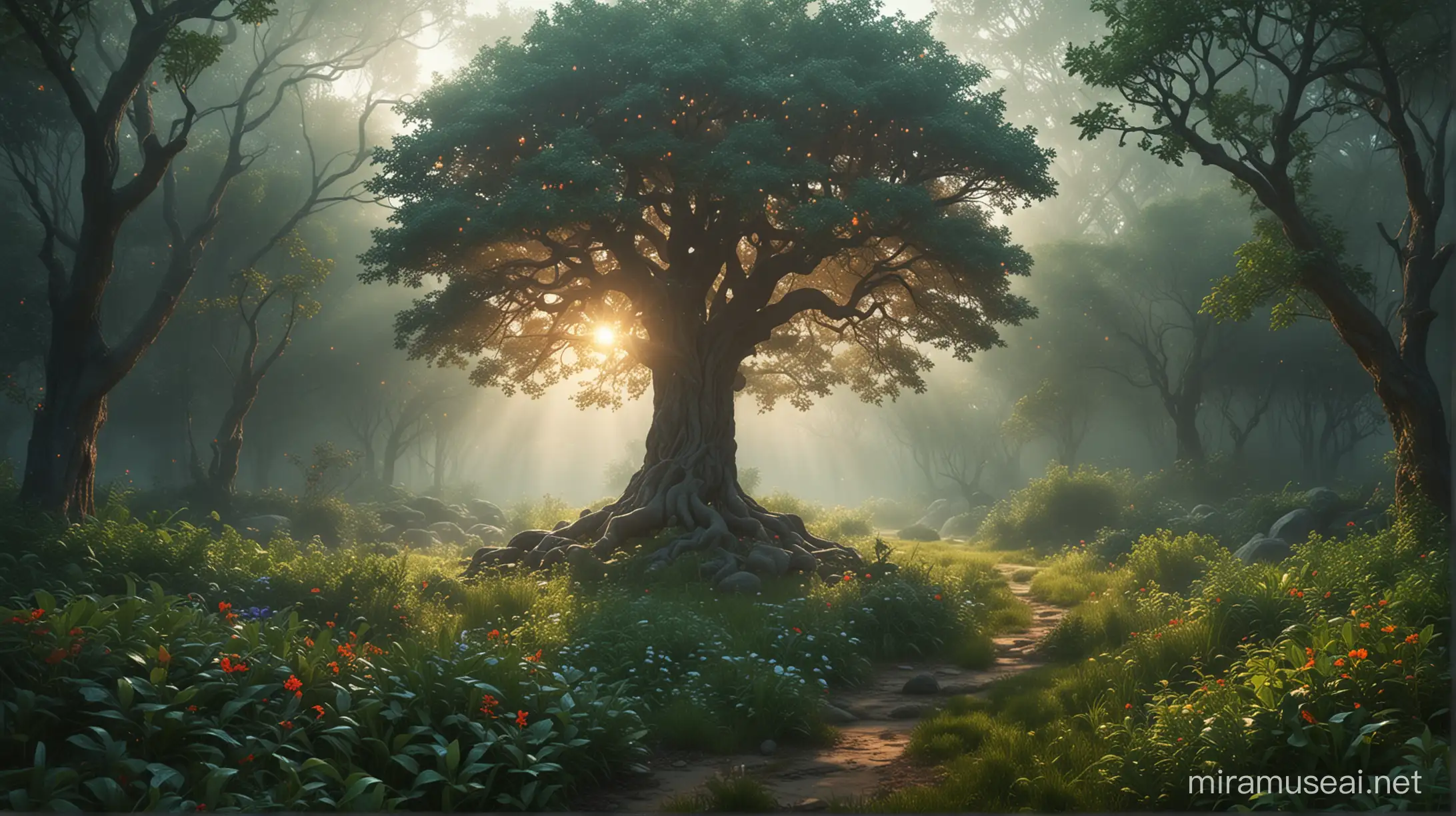 Whimsical, magical, The Garden of Eden, the tree of knowledge of good and evil in the center, its foliage surrounded by energy, radiating soft light, The landscape is full of trees, bushes, background flowing towards the edges, creating the illusion of movement, dramatic lighting, digital illustration, extremely bright colors, eerie light, fog in the background, scattered with lush grass, bushes and rocks. lending magic to the atmosphere. The general mood of the picture is calm and dreamy, foreboding