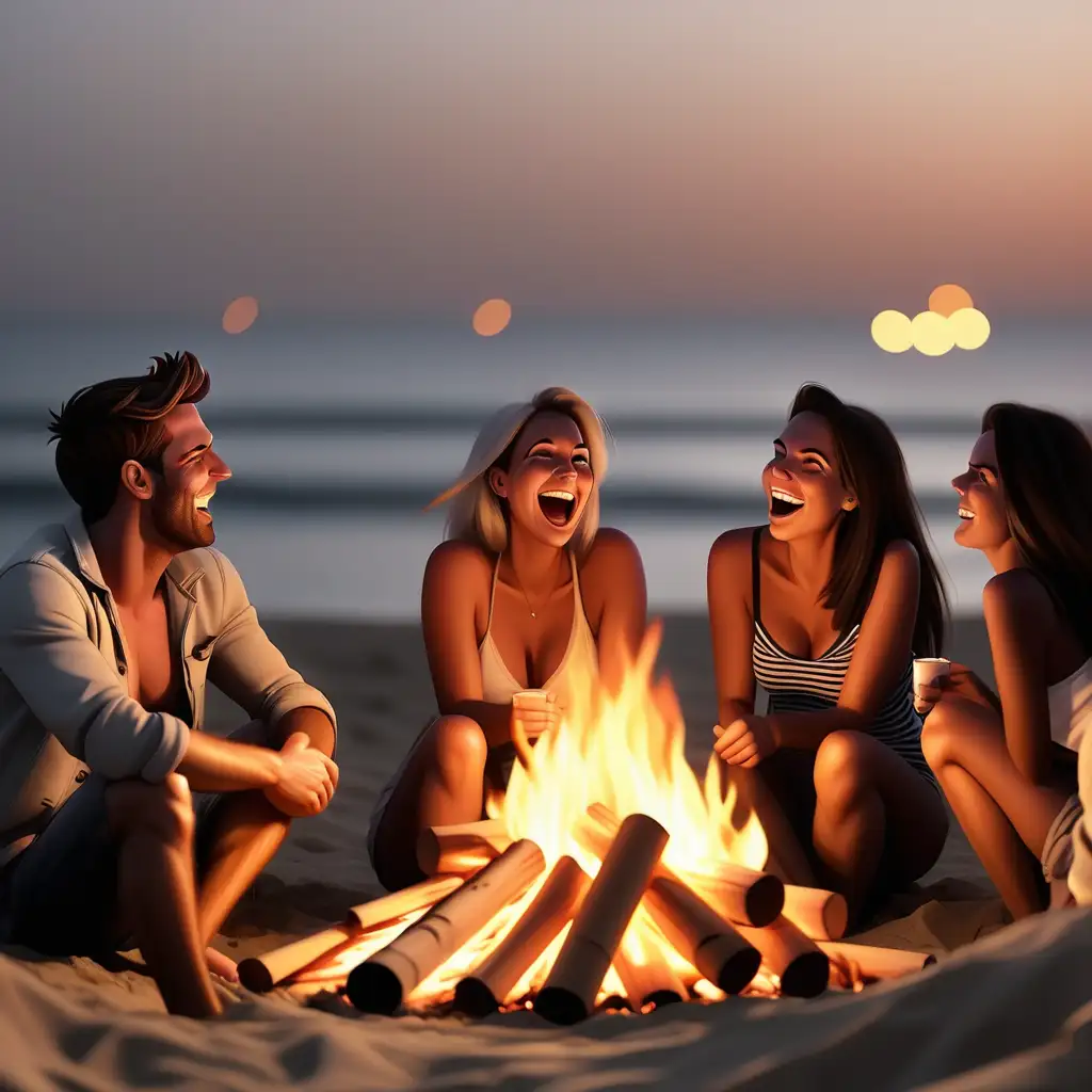 30 year olds enjoying a bonfire by the beach all feeling happy at night