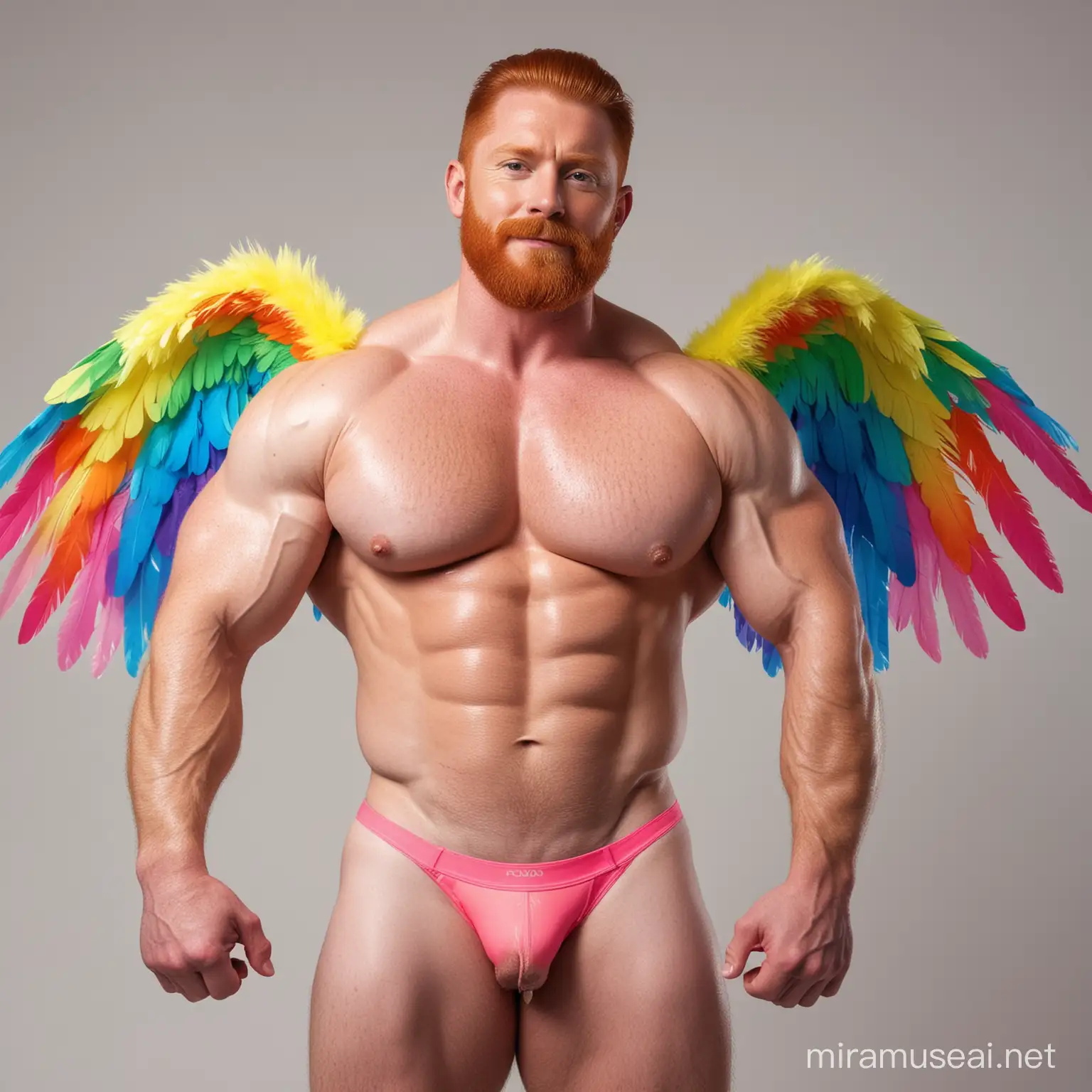 Topless 30s Thick Beefy Redhead IFBB Bodybuilder Beard Daddy wearing Multi-Highlighter Bright Rainbow Coloured See Through Jacket with Eagle wings and Flexing Big Strong Arm with doraemon