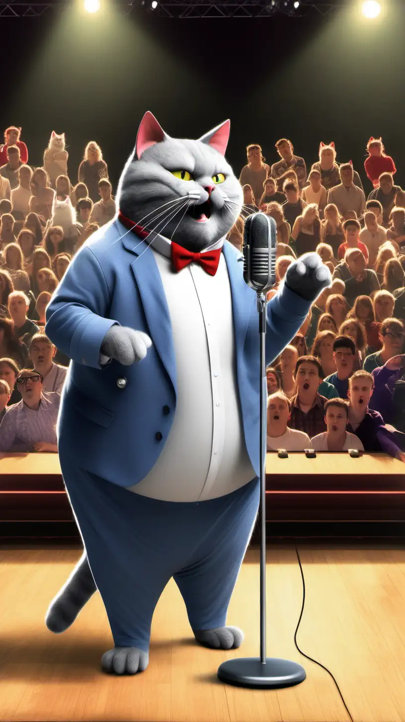 Толстый серый кот в концертном костюме выступает на сцене с микрофоном и в зале сидят коты зрители 