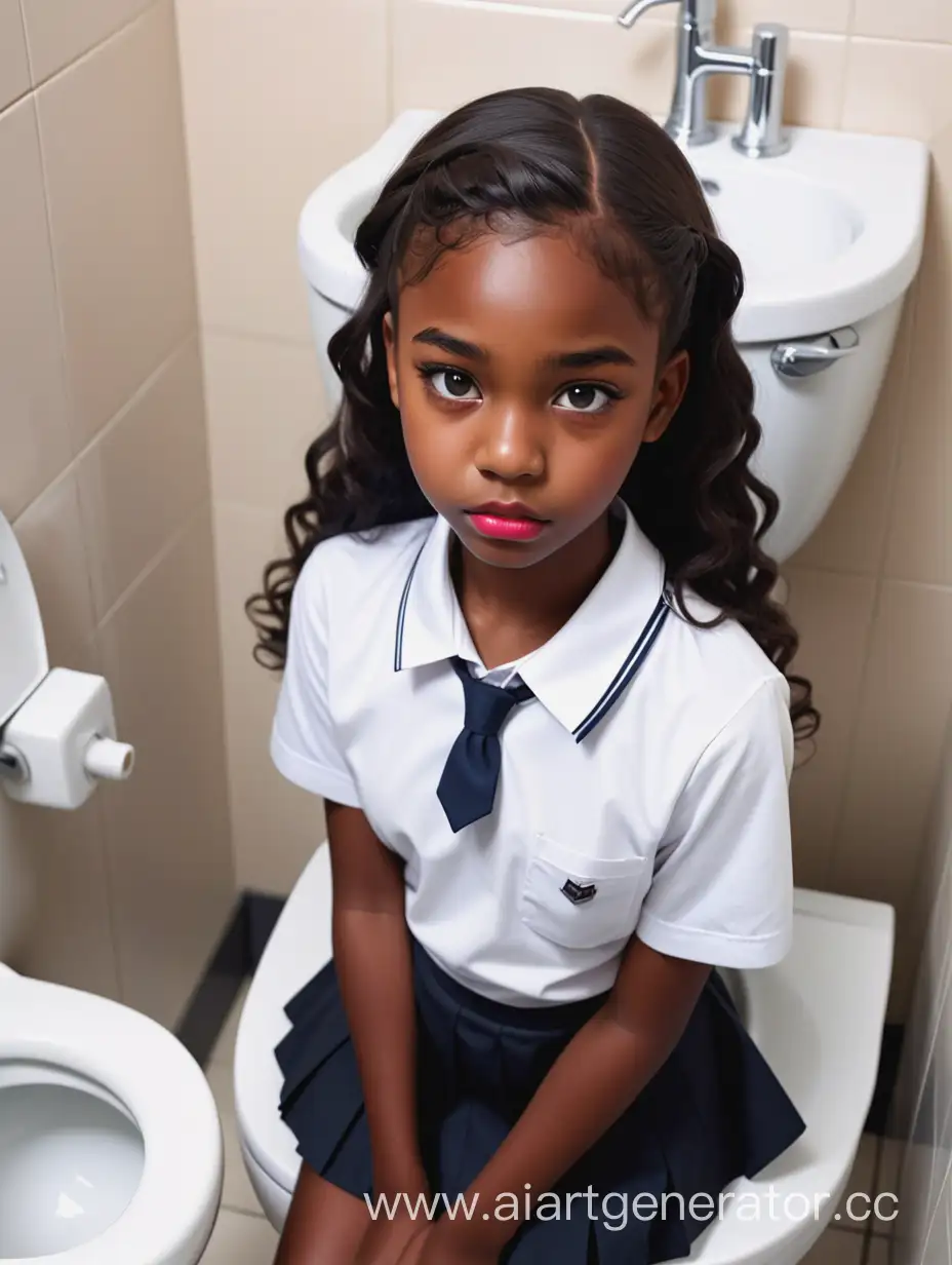 A beautiful black girl. The girl wears a school uniform. 14 years old. Close-up. The photo taken from top. American. Toilet. Bird's eye view. Slim waist. Naughty. She is most beautiful girl in the world. Plump lips. Cute face. Close up. Head top view. Close up. Rarely face.  She has long wavy hair. The girl is sad.