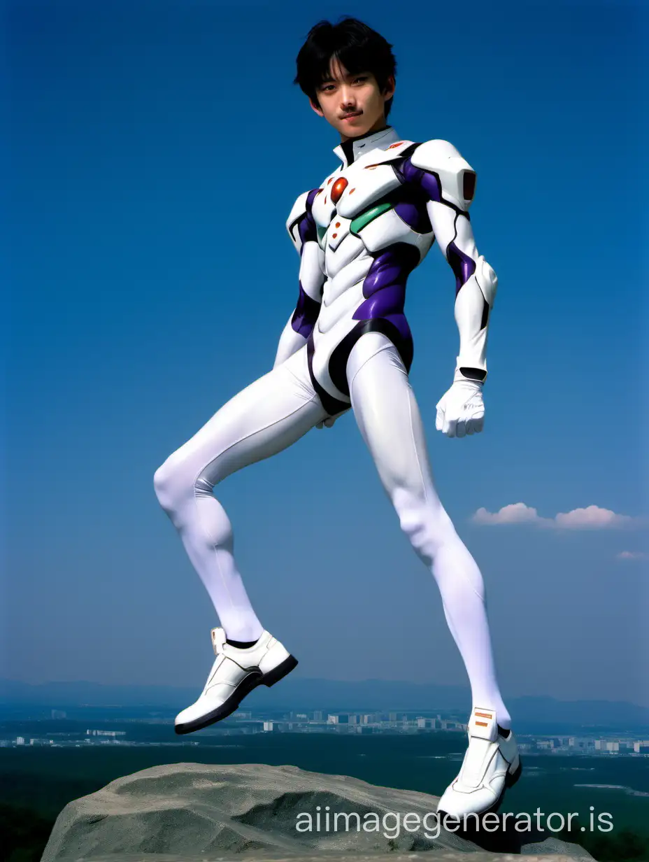 Photo of a Japanese male middle school student is wearing a white Evangelion pilot suit. stand on rock hill. white tights. black hair. oval-shaped face. almond eyes. smile. strong quadriceps femoris and gluteus maximus muscles.