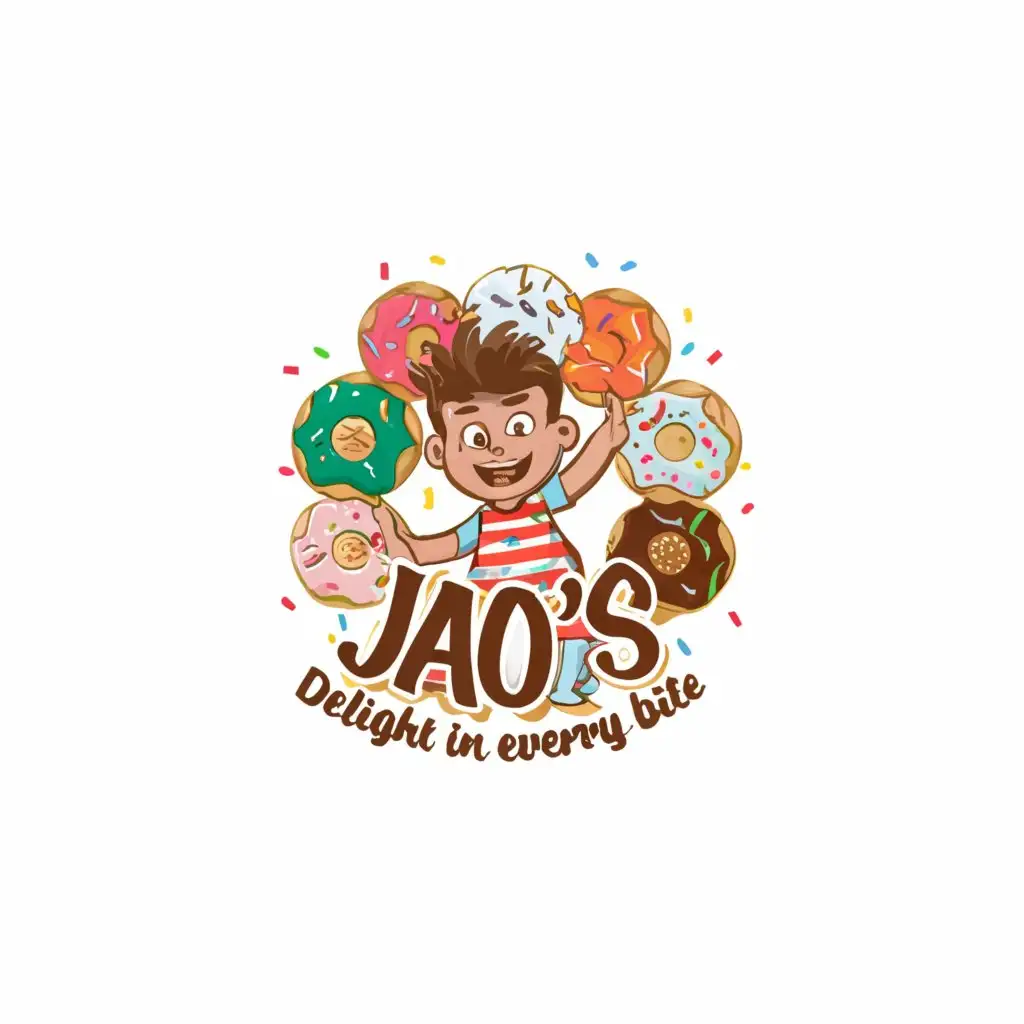a logo design,with the text "Delight in Every Bite at Jao's!", main symbol:a boy eating donuts,Moderate,clear background