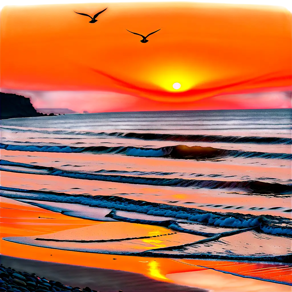 Sunset on the horizon over the sea,sea in bright yellow color,waves gently rolling into the shore,birds flying in the horizon