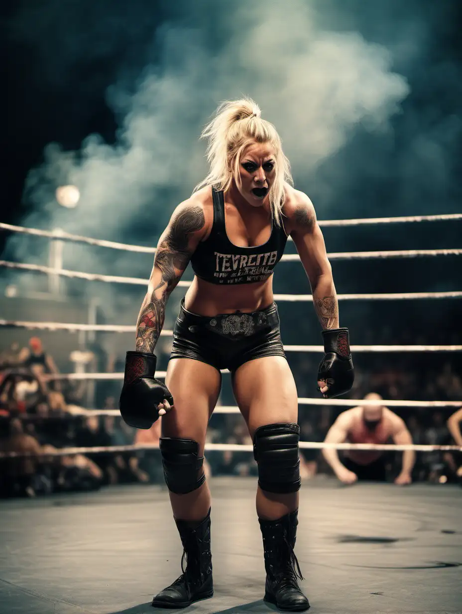Big extremely muscular tattooed female wrestler with blonde hair in a single braid wearing a blood stained sleeveless gray tank top and black leather shorts standing in a wrestling ring in a crowded smoke filled arena flexing her biceps
