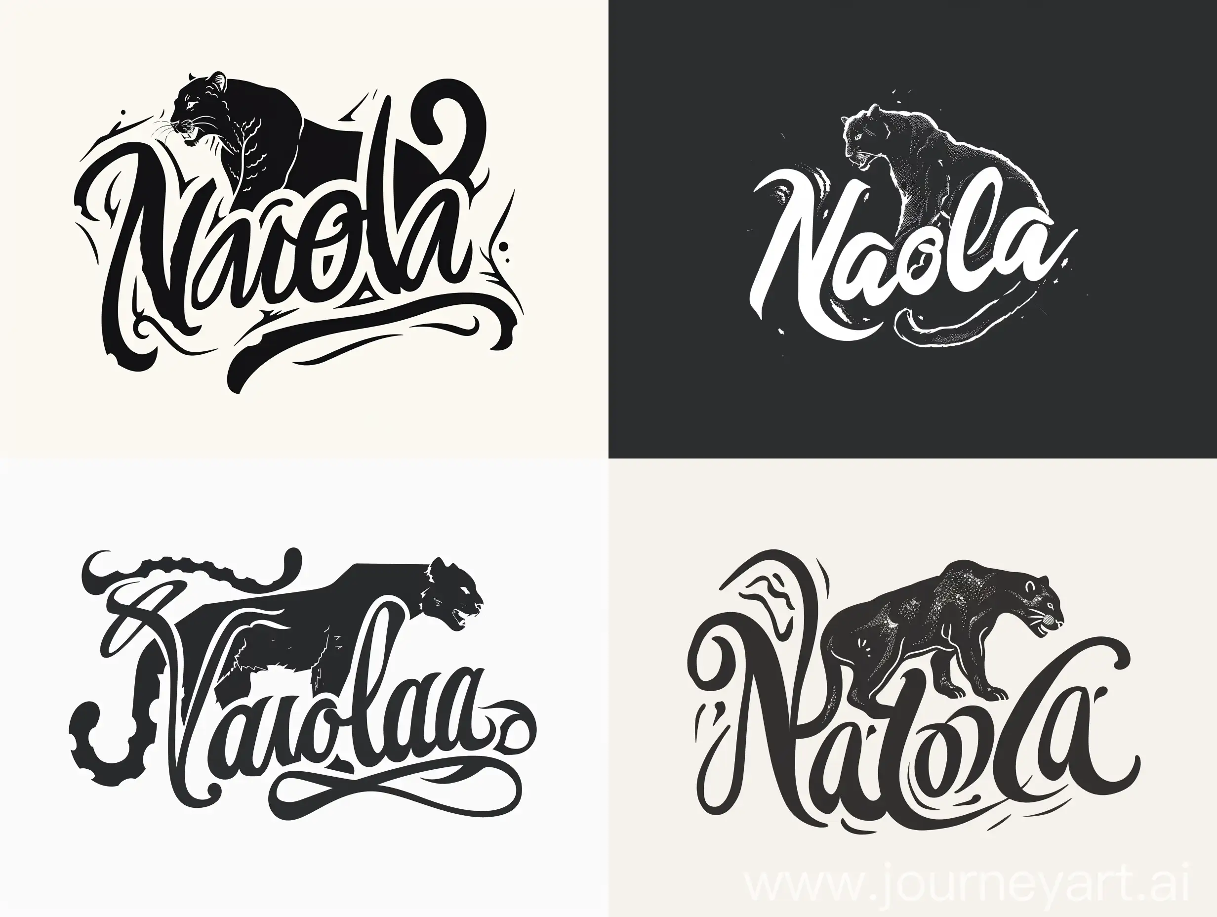 The logo is a calligraphic lettering with the inscription "Naola" and a silhouette of a panther. minimalistic logo design. 8k. black and white colors