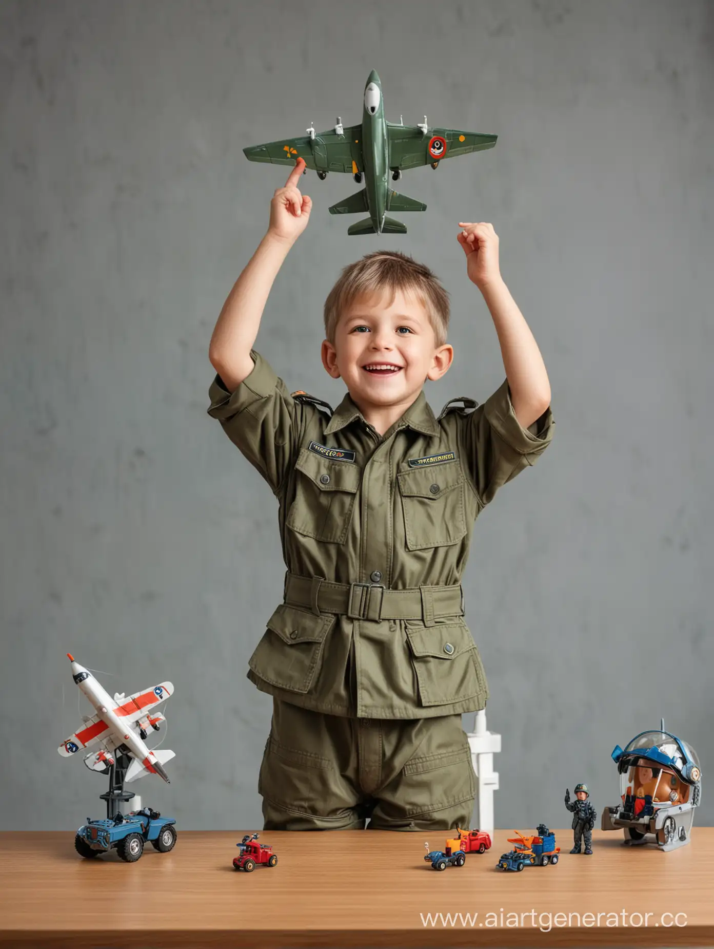 happy little boy in military clothes in a helmet stands at the table and holds a toy airplane above his head with both hands
