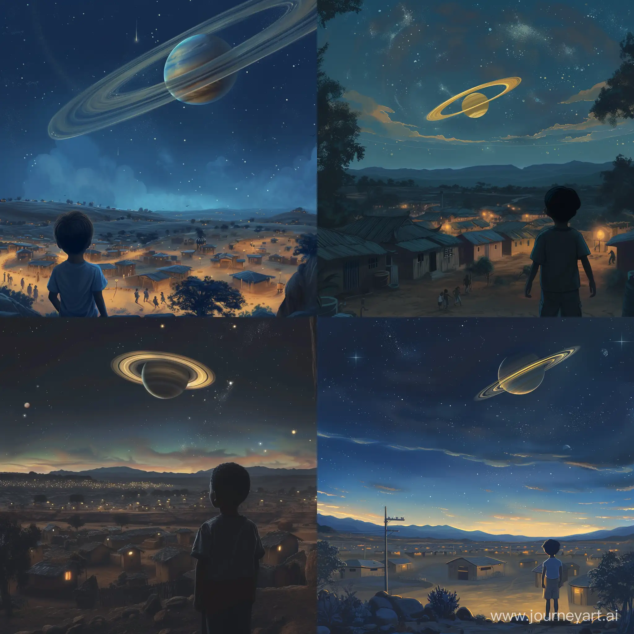a view from a boy looking up at the sky and seeing a planet similar to saturn sitting close, almost close enough to touch. its huge in the night sky...the boy is in a well organized village at dusk