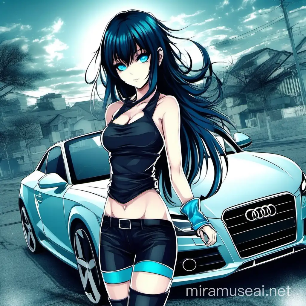 Sexy anime girl in with blue panties,leggings, turquoise eyes and black hair ,audi, ghotic styl,name Michaela
