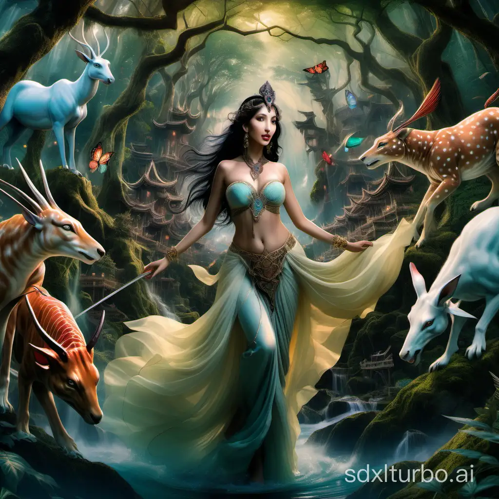 A fantastical rendering of Nora Fatehi, blending elements of East and West fantasy art, with a touch of surrealism, by the imaginative minds of Yoshitaka Amano and Thomas Kinkade, set in an enchanted forest, surrounded by mythical creatures.