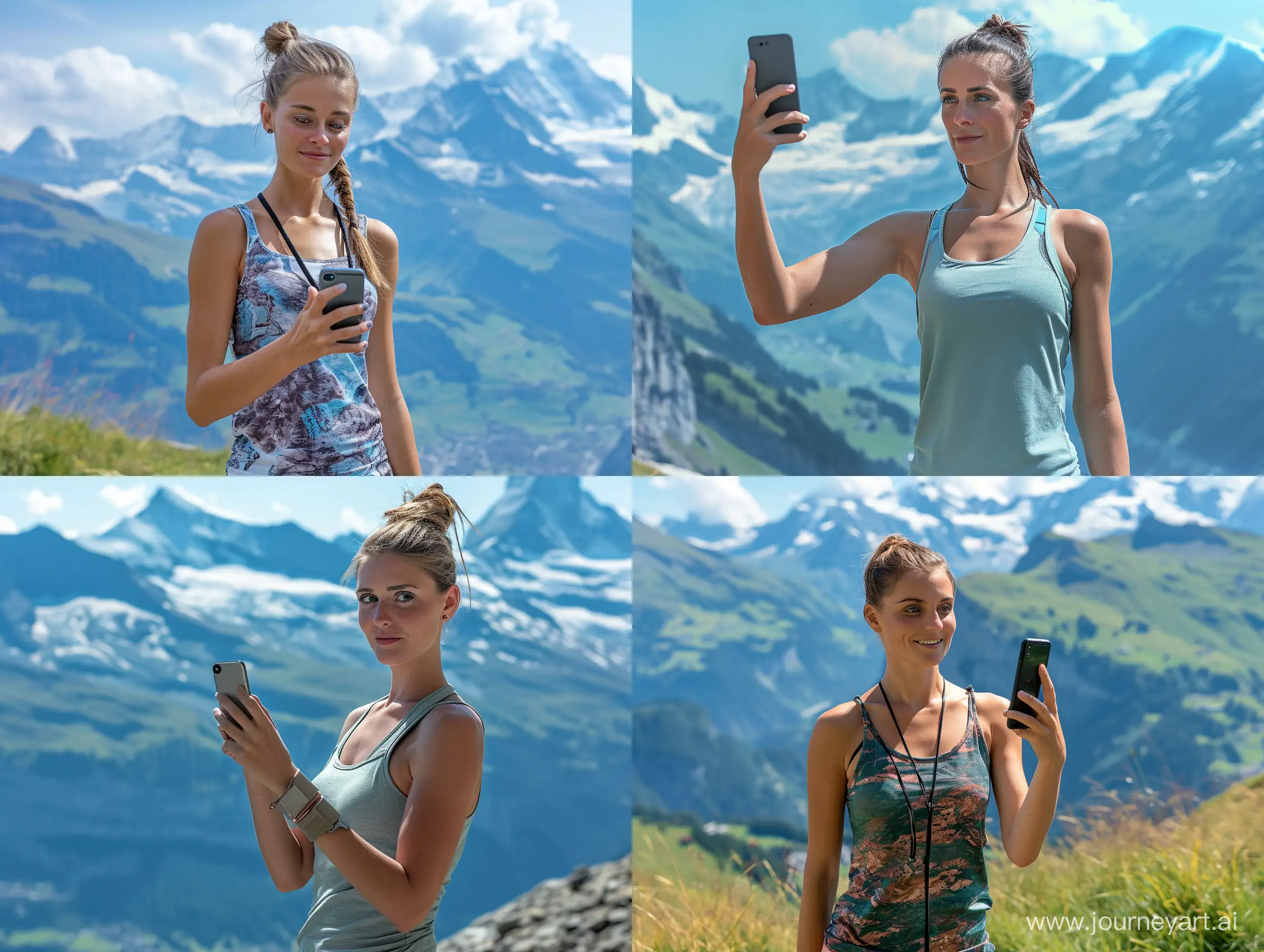 photorealistic image of an stylish beautiful European female dressed in a tanktop taking a selfie with an smartphone standing with the swiss alps in the background  high angle