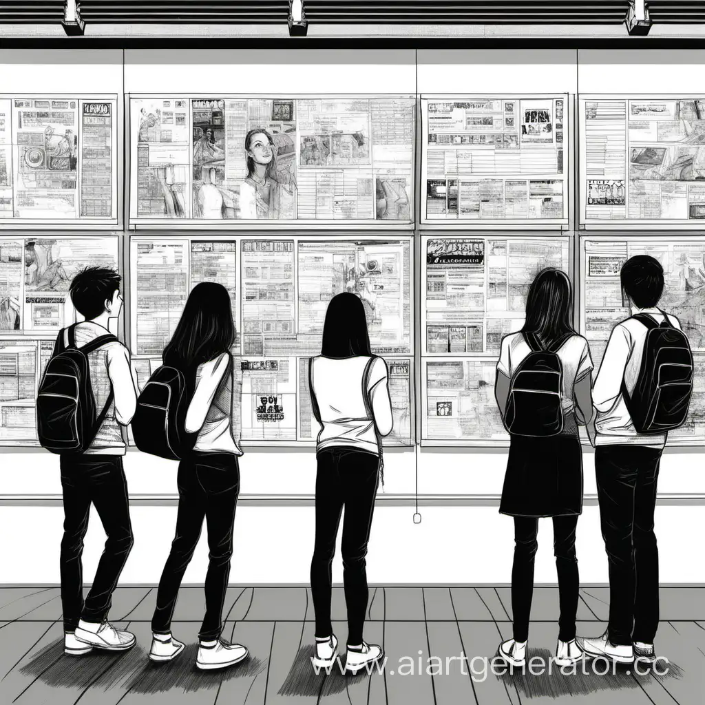 компания подростков смотрит на объявления на стене рисунок