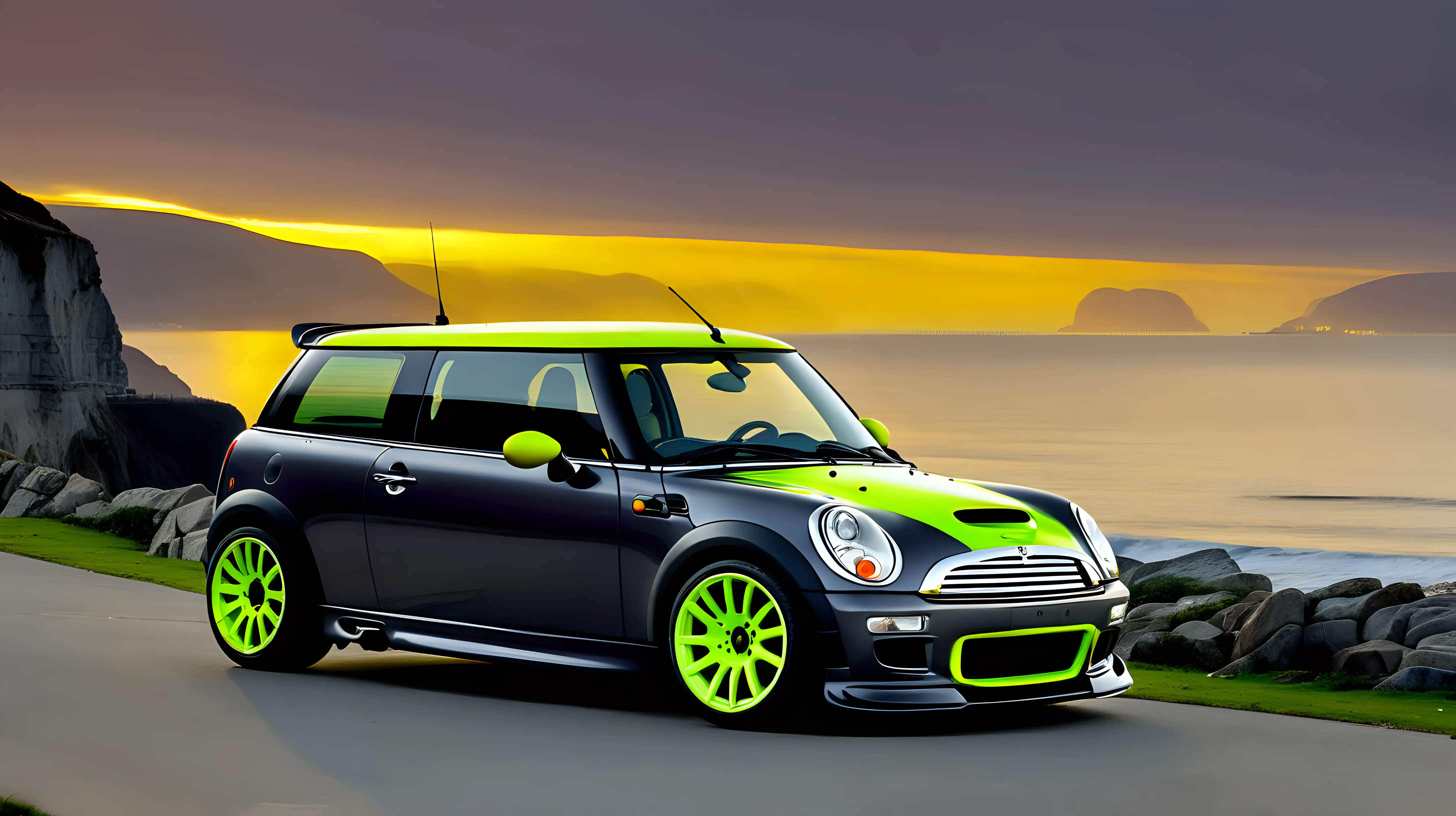 MINI R53 Dark Grey and Neon Yellow Sunset on Cliff by the Sea
