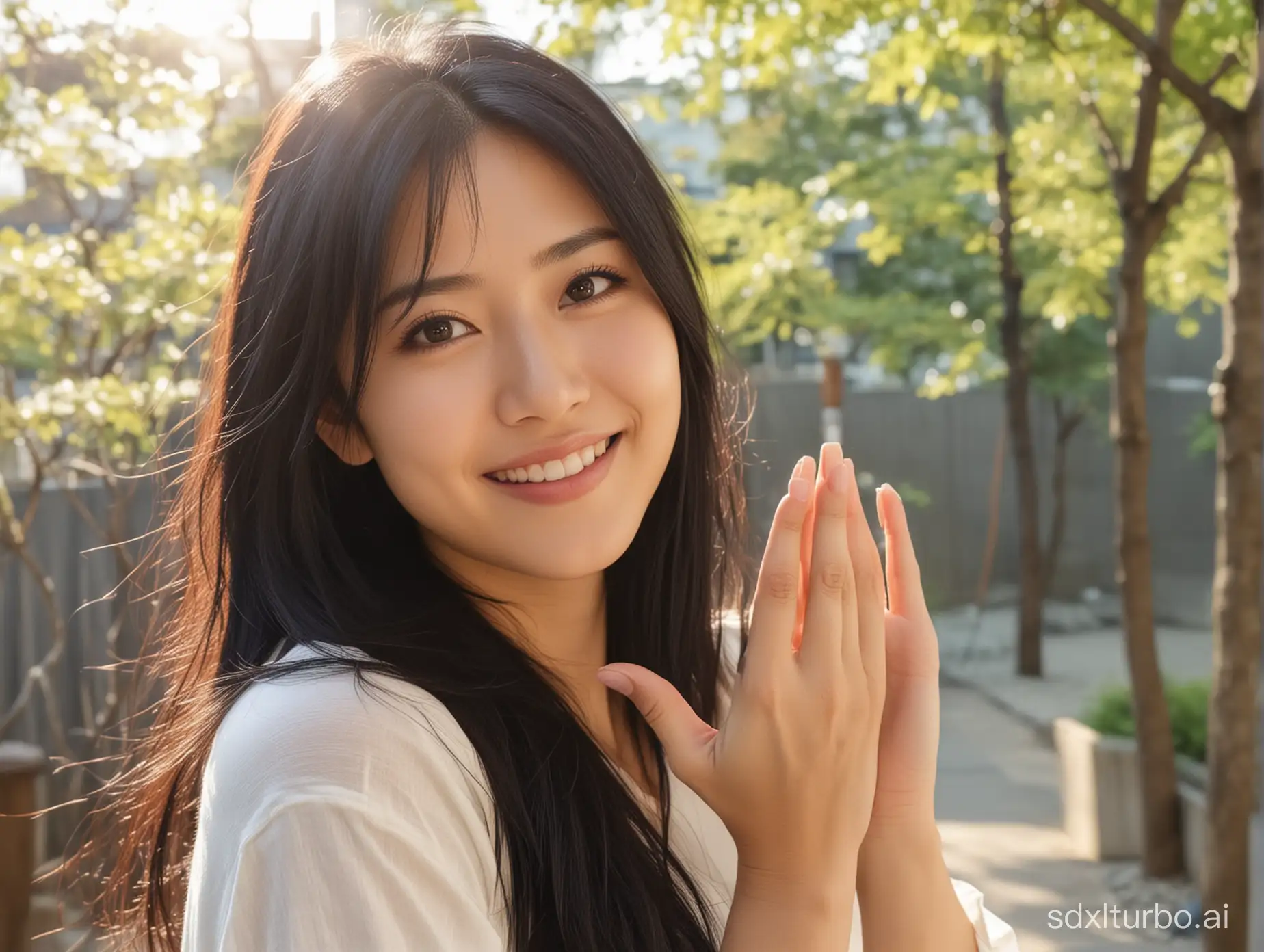 beautiful intellectual typical Japanese 33-year-old girl under sunshine smile to viewer, Instagram model, long black hair, warm, black eyes, height 6.5 feets, female, masterpiece, 4k, correct fingers or hands