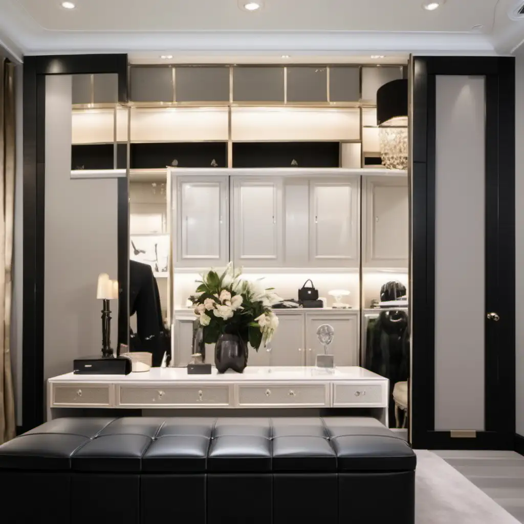 Luxury dressing room with island seating and dark accents