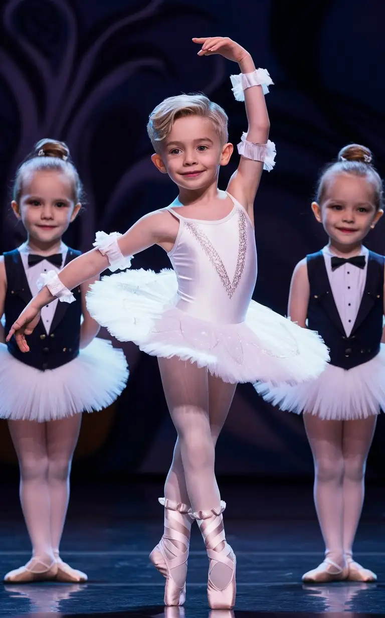 (((Gender role-reversal))) full-body photograph, Photograph of a thin cute boy age 5, the boy is smashing gender stereotypes by performing Swan Lake in a professional elegant white ballerina silky leotard with long straps and frilly tutu dress with frilly armbands and frills socks, the boy is performing on stage with two little 4-year-old girls in tuxedos either side, adorable, perfect children faces, perfect faces, clear faces, perfect eyes, perfect noses, smooth skin