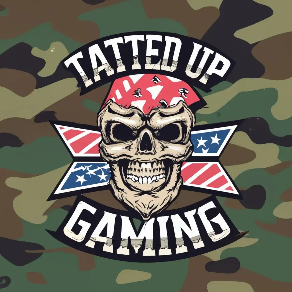 logo, redneck/confederate flag/skull/camo, with the text "Tatted Up Gaming", typography